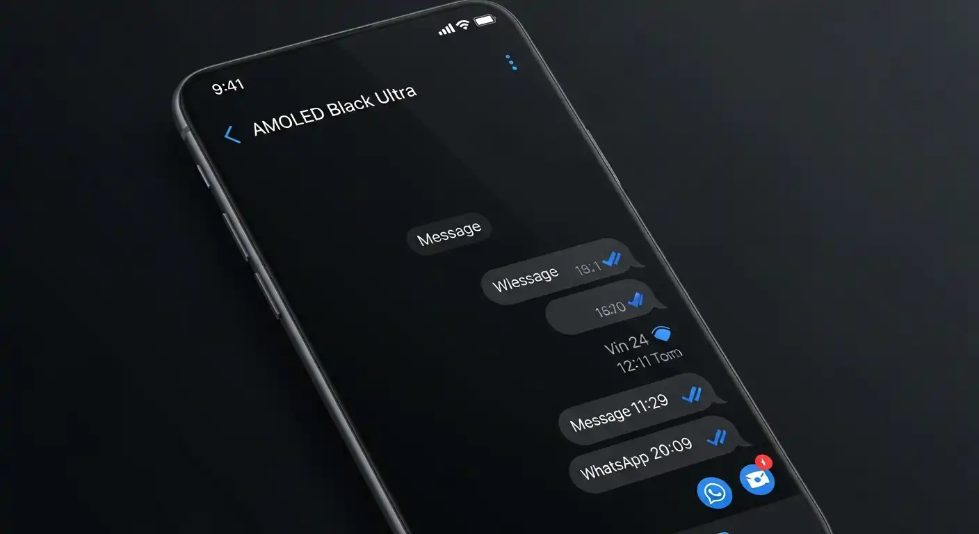 Tema AMOLED negro de Temas para WhatsApp Plus en pantalla de móvil con fondo oscuro y burbujas minimalistas.