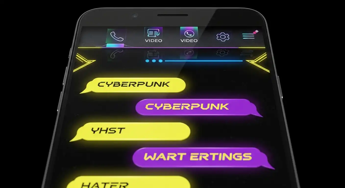 Tema cyberpunk neón de Temas para WhatsApp Plus con colores morado y amarillo futuristas.