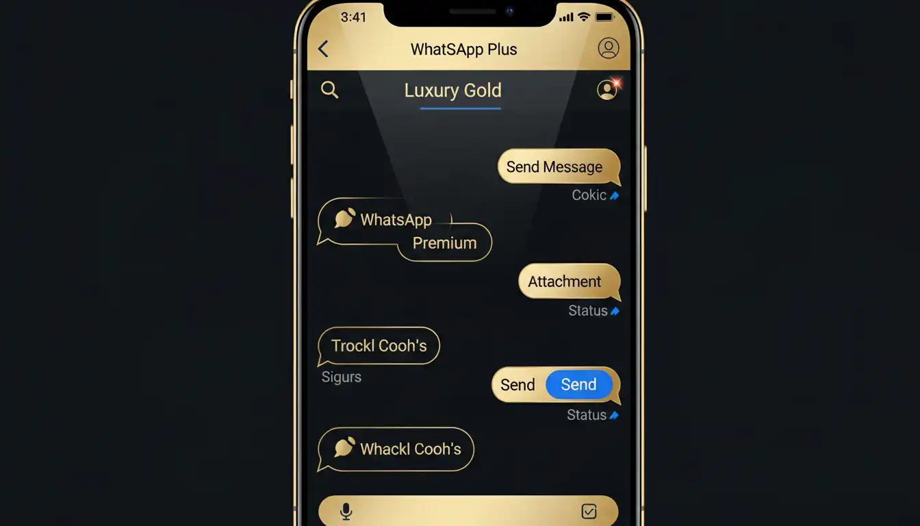 Tema dorado elegante de Temas para WhatsApp Plus con fondo oscuro premium.