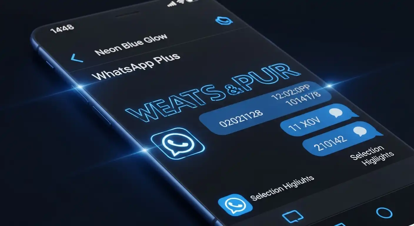Tema neón azul oscuro de Temas para WhatsApp Plus con burbujas brillantes futuristas.