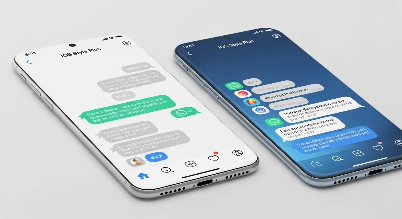 Tema estilo iPhone dentro de Temas para WhatsApp Plus con burbujas azules y diseño limpio.
