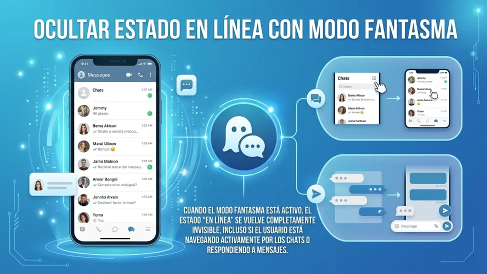 Modo Fantasma de WhatsApp Plus ocultando el estado en línea mientras el usuario navega por los chats de forma invisible