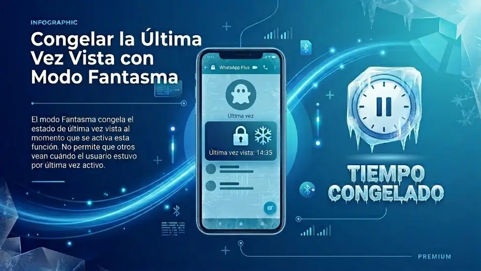 Pantalla de WhatsApp Plus mostrando la función de congelar última vez vista con el Modo Fantasma de WhatsApp Plus