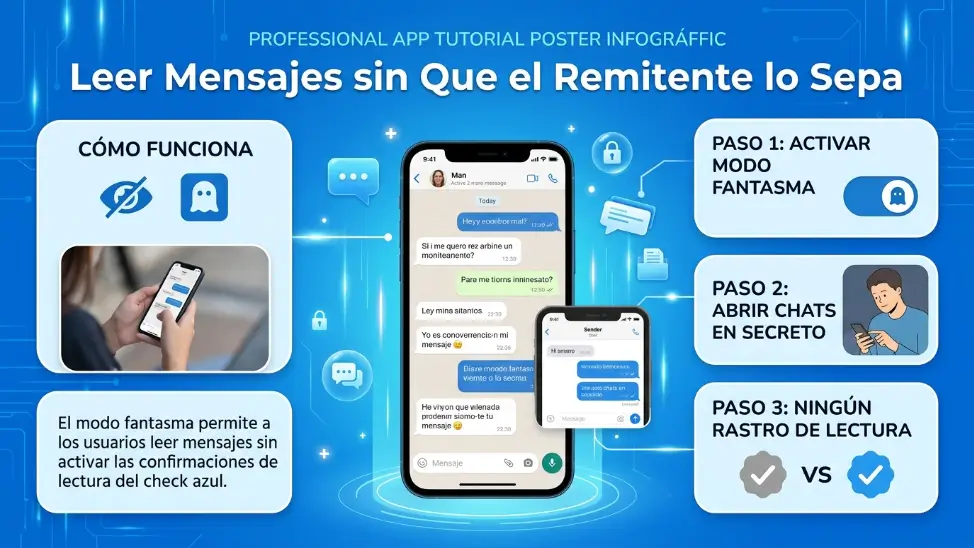 Chat de WhatsApp Plus con dos ticks grises mientras el usuario lee mensajes usando el Modo Fantasma de WhatsApp Plus