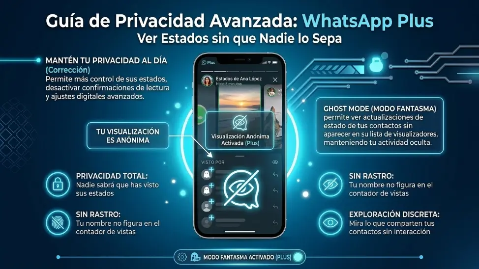 Usuario viendo estados con el Modo Fantasma de WhatsApp Plus sin aparecer en la lista de visualizaciones