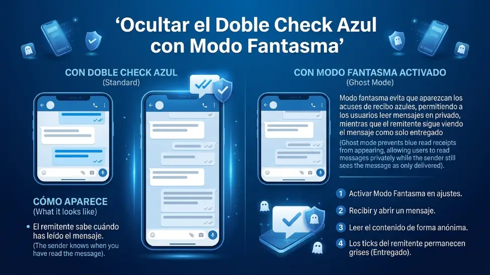 Interfaz de chat mostrando dos ticks grises al usar el Modo Fantasma de WhatsApp Plus