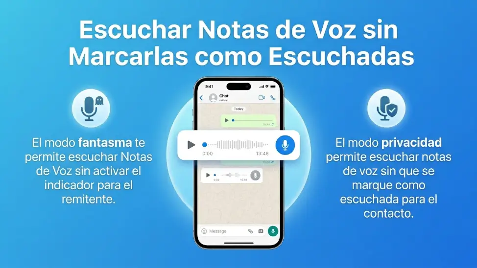 Nota de voz reproducida en WhatsApp Plus sin cambiar el indicador de escucha gracias al Modo Fantasma de WhatsApp Plus